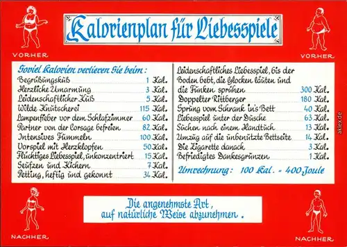 Ansichtskarte  Humor: Kalorienplan für Liebesspiele 1995