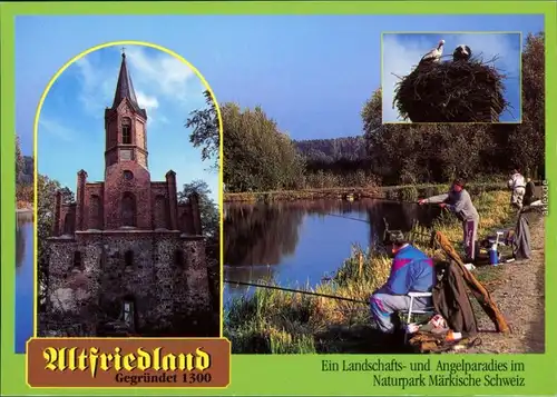 Ansichtskarte Altfriedland Kirche, Storchennest, Angler am Teich 1995