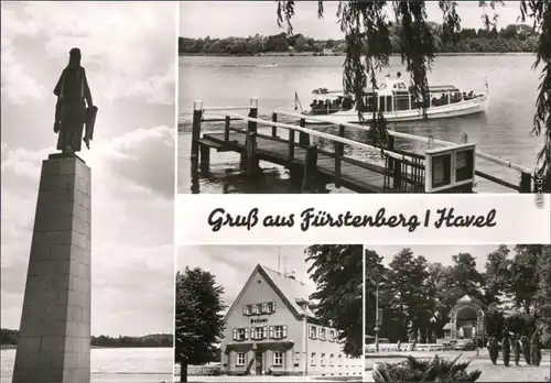 Fürstenberg/Havel Denkmal, Bootsanlegestelle, Motorboot, Postamt, Park 1976