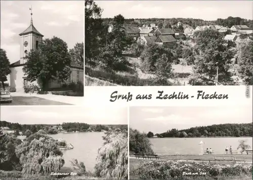 Ansichtskarte Flecken Zechlin Kirche, Schwarzer See, Park, Panorama 1973