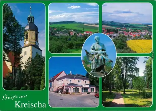 Ansichtskarte Kreischa Kirche, Panorama, Konsum, Denkmal und Park 1995