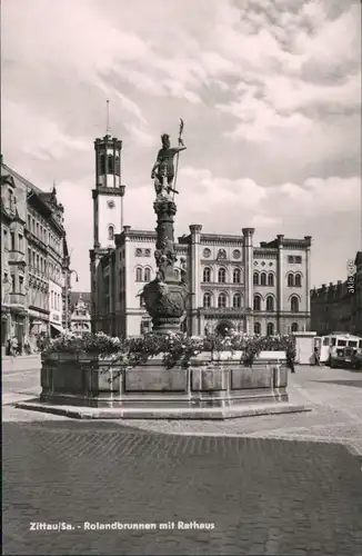 Ansichtskarte Zittau Marsbrunnen/Rolandsbrunnen mit Rathaus 1961