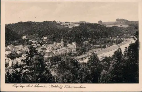 Ansichtskarte Bad Schandau Blick auf den Ort, Schrammsteine 1939