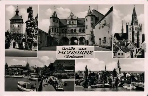 Ansichtskarte Konstanz Stadttor, Kirche, Hafen, Panorama 1955