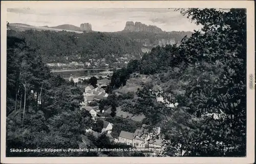 Krippen-Bad Schandau Blick auf den Ort mit Falkenstein und Schrammsteinen 1952