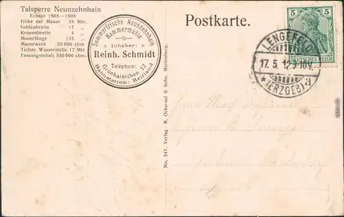 Ansichtskarte Lengefeld (Erzgebirge) Talsperre Neunzehnhain 1912