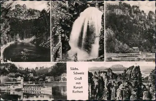 Ansichtskarte Rathen Fluss, Dampfer, Basteibrücke, Wasserfall 1962