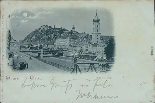 Mondscheinlitho Ansichtskarte Graz Schlossberg 1905