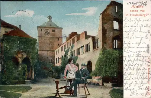 Ansichtskarte Heidelberg Heidelberger Schloss mit Bursche und Kellnerin 1903