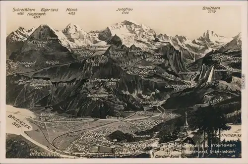 Ansichtskarte Interlaken Panorama-Ansicht - Karte mit Bergmassiv 1932