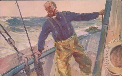Ansichtskarte  Künstlerkarte: Fischer mit Pfeiffe auf Boot 1913