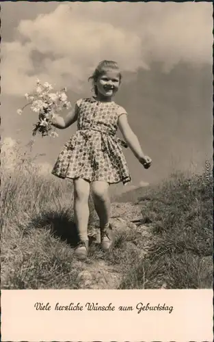  Glückwunsch/Grußkarten: Geburtstag - Mädchen mit Wiesenblumen 1963