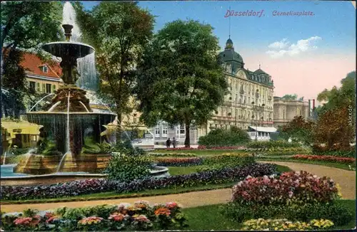 Ansichtskarte Düsseldorf Corneliusplatz, Blumenmeer am Springbrunnen 1905