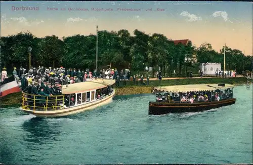 Ansichtskarte Dortmund Partie am Bootshaus, Motorboote 1914 