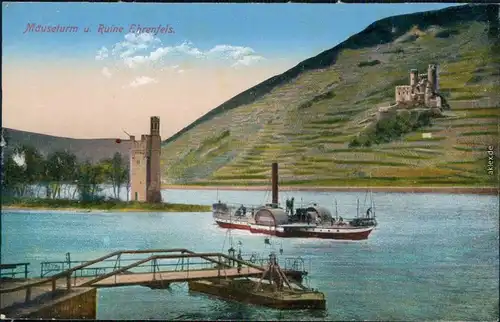 Ansichtskarte Bingen am Rhein Binger Mäuseturm und Burg/ Ruine Ehrenfels 1915