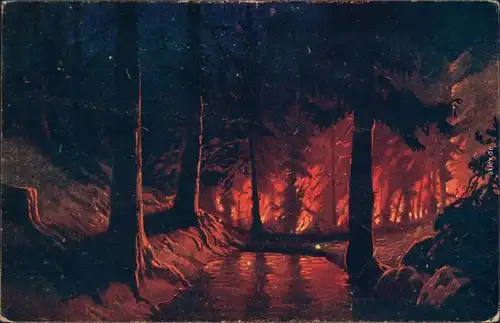 Ansichtskarte  Künstlerkarte - Feuer im Wald 1914