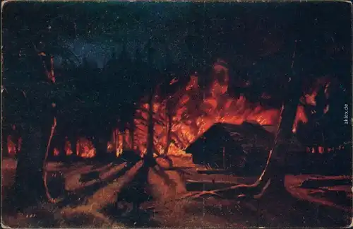 Ansichtskarte  Künstlerkarte - Feuer im Wald, Hütte 1914