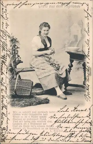  Glückwunsch / Grusskarten: Allgemein - Frau am Kartoffelschälen 1903