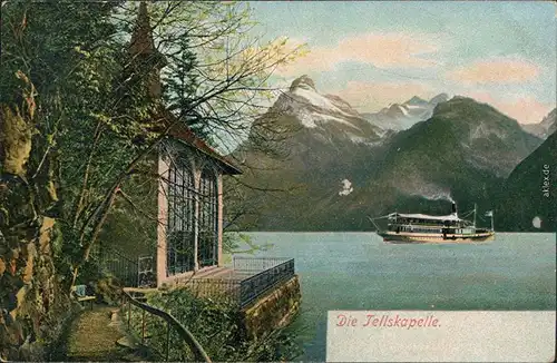 Ansichtskarte Sisikon Tellskapelle mit Dampfer 1920