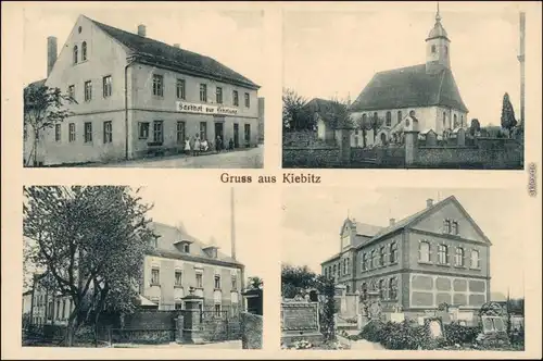 Ansichtskarte Kiebitz-Ostrau (Sachsen) 4 Bild: Gasthaus, Kirche, Schule 1920 