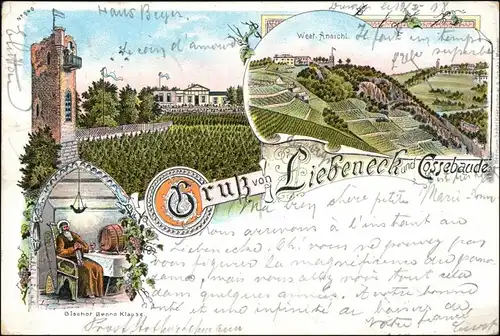 Litho Ak Cossebaude-Dresden Gruß von Liebeneck   Turm, Haus Beyer, Bischof 1898