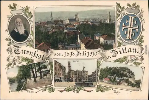 Ansichtskarte Zittau Mehrbild Litho: Turnfest - Stadt 1910 