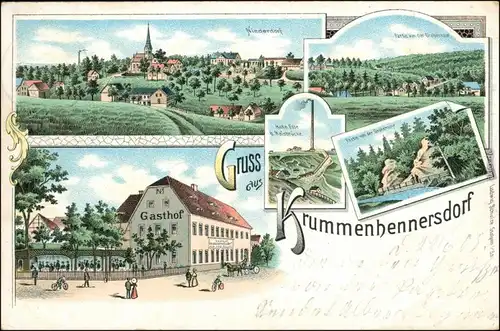 Krummenhennersdorf-Freiberg   5 Bild Litho: Stadt, Fabrik, Gasthaus 1905