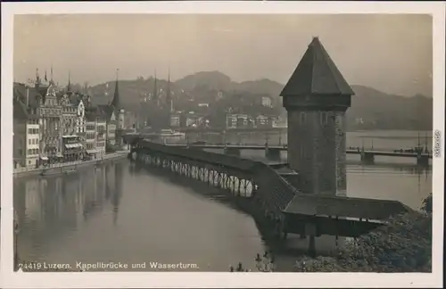 Ansichtskarte Luzern Lucerna Kapellbrücke / Wasserturm 1929