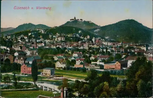 Ansichtskarte Eisenach Blick auf die Stadt mit Wartburg Straße Brücke 1915