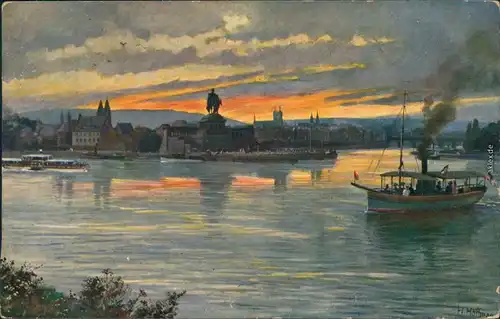 Ansichtskarte Koblenz Künstlerkarte v. H. Hoffmann - Deutsches Eck Schiff 1912