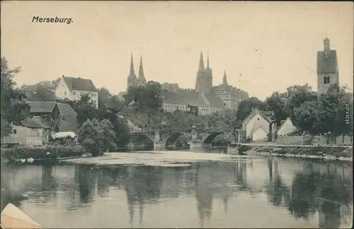 Ansichtskarte Merseburg Blick auf die Stadt, Kirche, Brücke, See 1913
