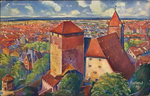 Nürnberg Künstlerkarte v. M. Herterich: Blick auf die Stadt, Kaiserstallung 1916