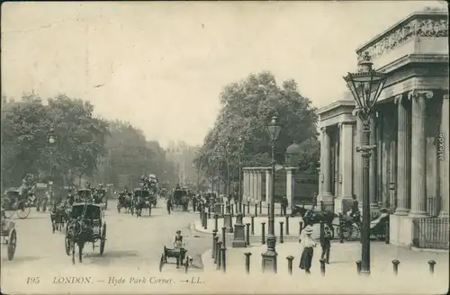 Ansichtskarte London Ecke Hyde Park, Kutschen 1908