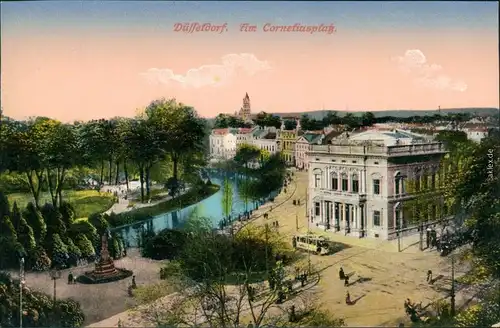 Ansichtskarte Düsseldorf Corneliusplatz mit Menschen und Straßenbahn 1910