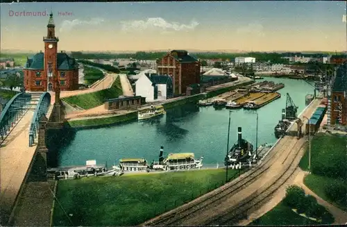 Ansichtskarte Dortmund Hafen mit Dampfer und Frachter 1915