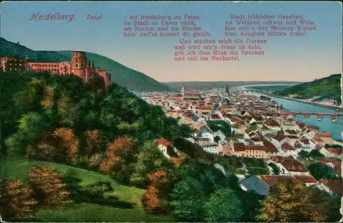 Heidelberg Panorama-Ansicht mit Heidelberger Schloss - Zeichnung 1914