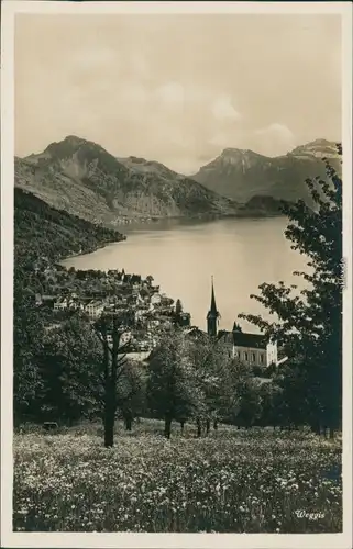 Ansichtskarte Weggis Panorama-Ansicht mit See und Kirche 1931
