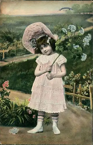 Ansichtskarte  Glückwunsch/Grußkarten: Geburtstag - Mädchen mit Blumen 1907