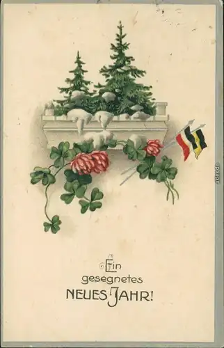 Glückwunsch -  Sylvester: Tannenbäume, Kleeblätter, Flaggen 1916 Prägekarte