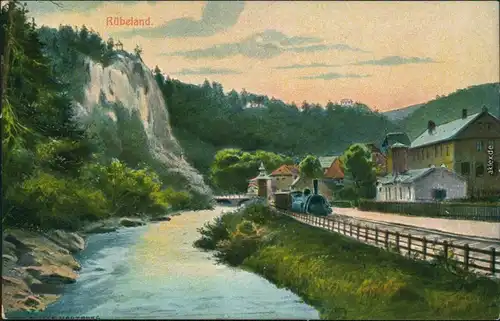 Rübeland Panorama-Ansicht mit Bachlauf und Dampflokomotive - Gemälde 1913