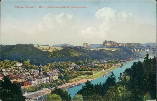 Ansichtskarte Bad Schandau Blick auf den Ort, Schrammsteine 1915