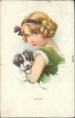 Ansichtskarte  Künstlerkarte "Gretel": Mädchen mit Hund auf Arm 1921