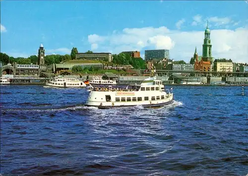 Ansichtskarte Hamburg Landungsbrücken und Michaeliskirche, Dampfer 1988