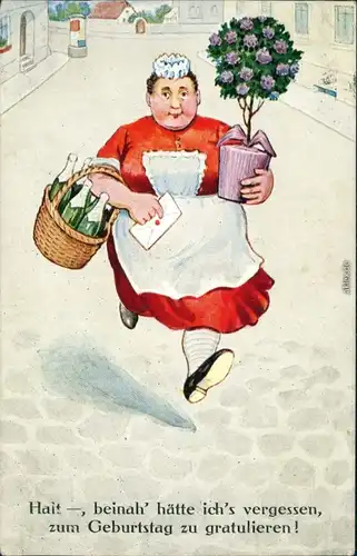  Glückwunsch/Grußkarten: Geburtstag - Frau mit Baum und Sektkorb 1928