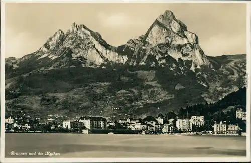 Brunnen SZ-Ingenbohl Blick auf den Ort mit Bergpanorama "Mythen" 1932