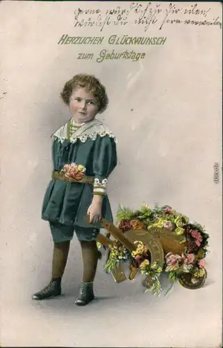 Glückwunsch Geburtstag - Kind mit Blumenwagen, Hufeisen 1912 Goldrand
