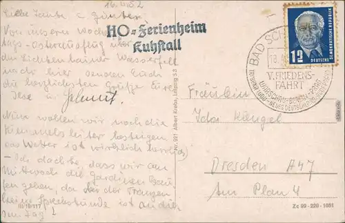 Ansichtskarte Kirnitzschtal Kuhstall, Himmelsleiter mit Massiv 1952