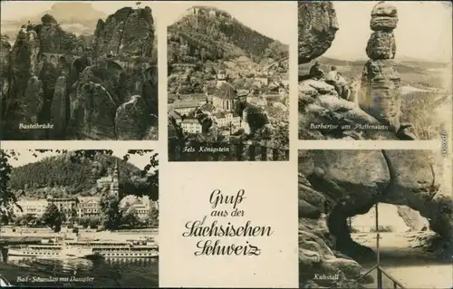 Sächsische Schweiz - Basteibrücke, Fels Königstein, Barbarine, Dampfer,  1956