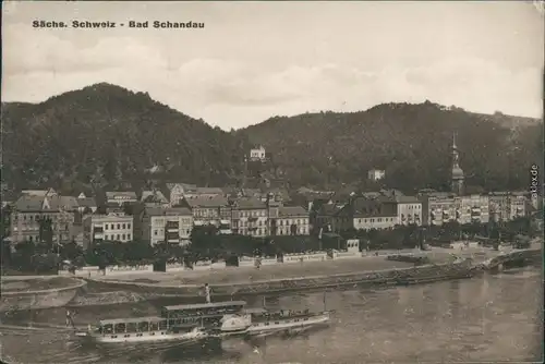 Ansichtskarte Bad Schandau Blick auf den Ort, Elbdampfer 1930