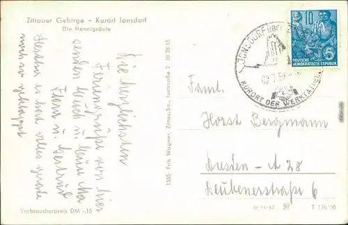 Ansichtskarte Jonsdorf Hennigsäule 1956